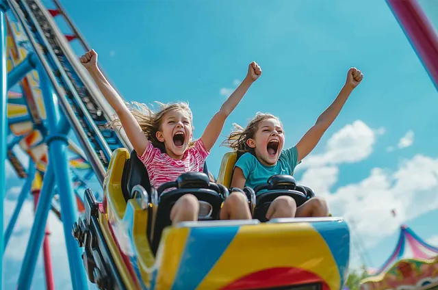 Zwei Kinder mit erhobenen Armen sitzen in einer Achterbahn. Im Hintergrund sind bunte Fahrgeschäfte und ein blauer Himmel sichtbar. Text: 'CONNY LAND Lipperswil Schweiz'.