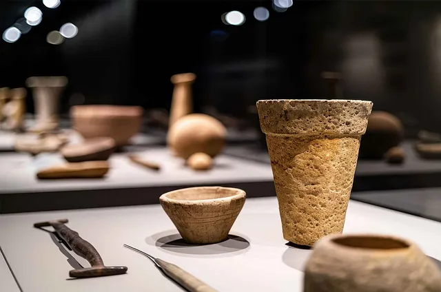 Verschiedene historische Objekte im Hegau Museum Singen, darunter ein großer, runder Tontopf, eine kleine Schüssel und weitere Keramiken sowie Werkzeuge.